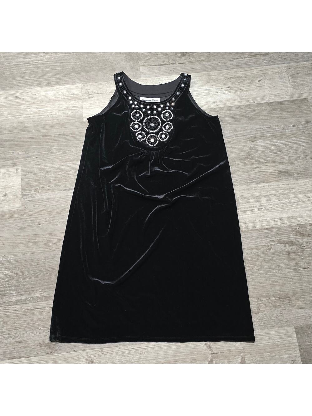 Another Thyme Vintage Black Velvet & Pearl Embellished Dress